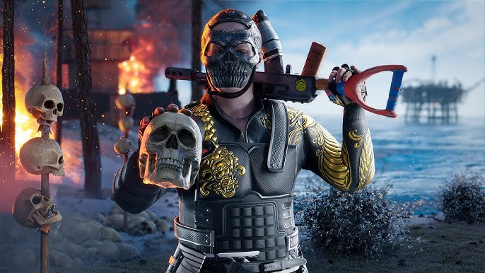 Bomberman on the shore — skull in hand, fire behind, rig on the horizon